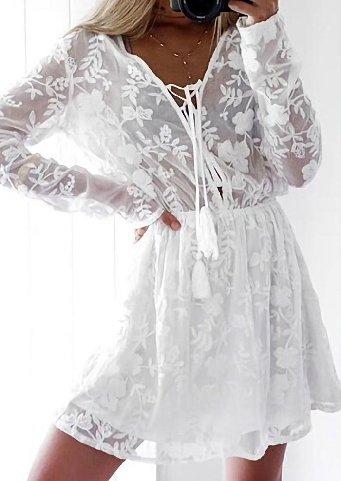 

Mini Dresses Lace Tie Tassel Long Sleeve Mini Dress in White. Size: L,M,,XL