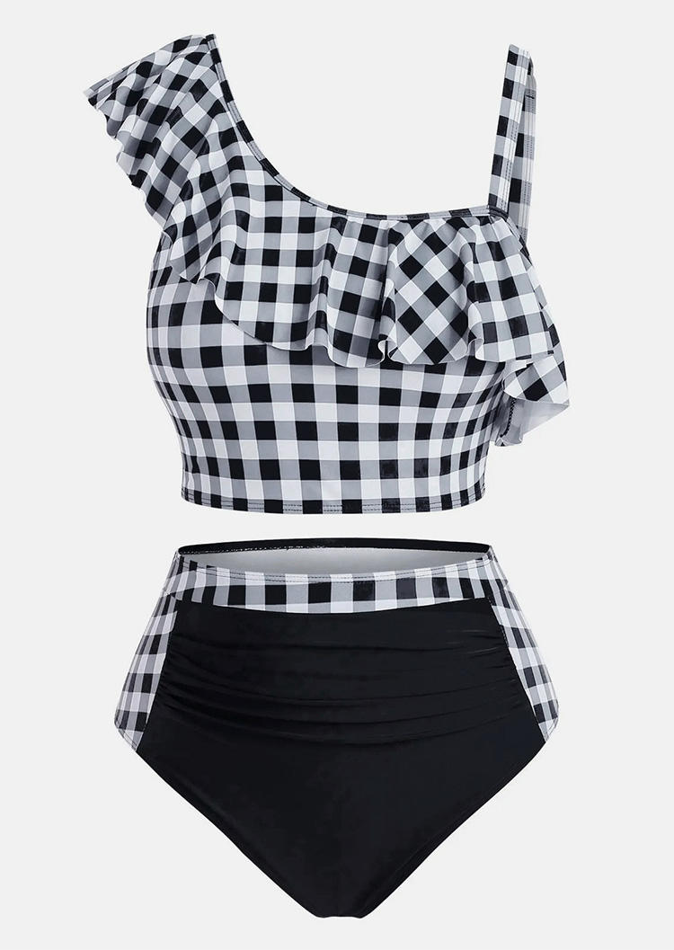 

Tankinis Ruffled Plaid One Shoulder Tankini Set in Multicolor. Size: L,M,,XL