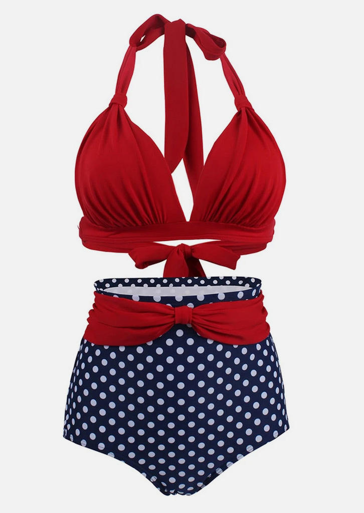 Polka Dot Ruffled Tie Halter Bikini Set - Red