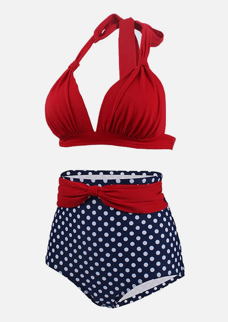 

Bikini Sets Polka Dot Ruffled Tie Halter Bikini Set in Red. Size