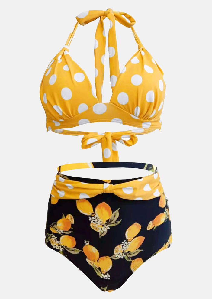 Polka Dot Fruit Halter Bikini Set - Yellow