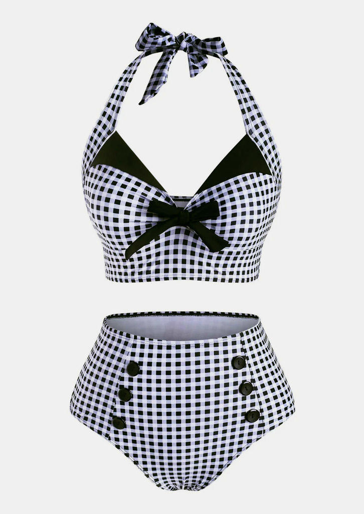 

Bikini Sets Plaid Bowknot Button Halter Bikini Set in Multicolor. Size: L,M,,XL