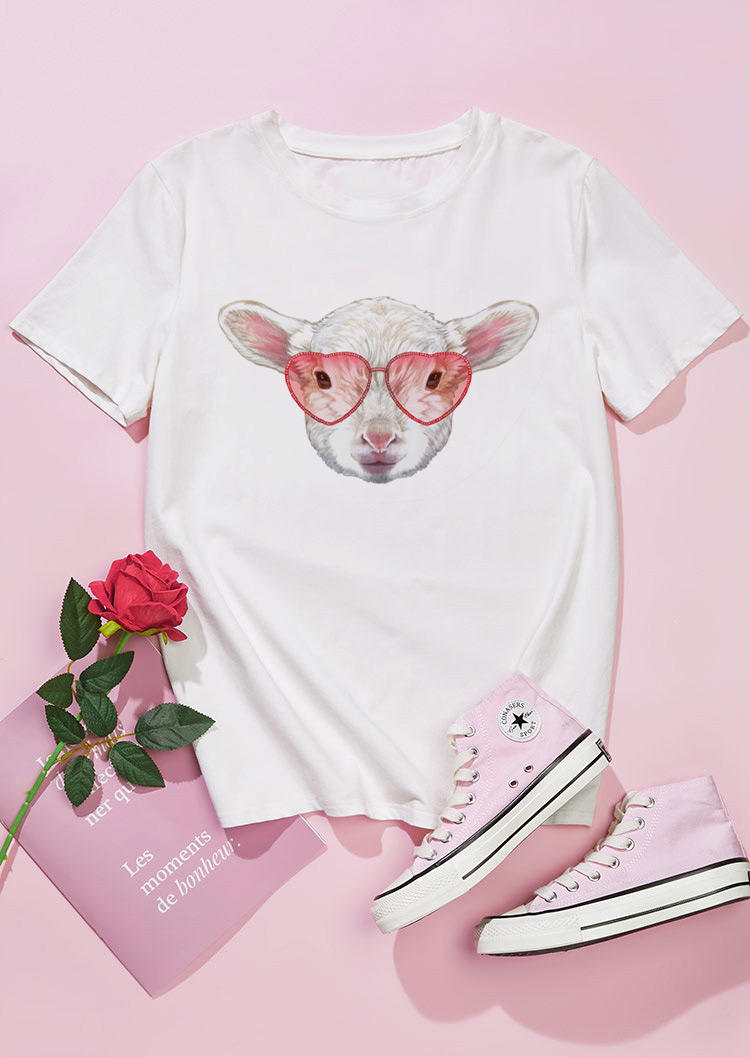 

T-shirts Tees Valentine Lamb Heart Shaped Glasses T-Shirt Tee in White. Size: ,M,L,XL