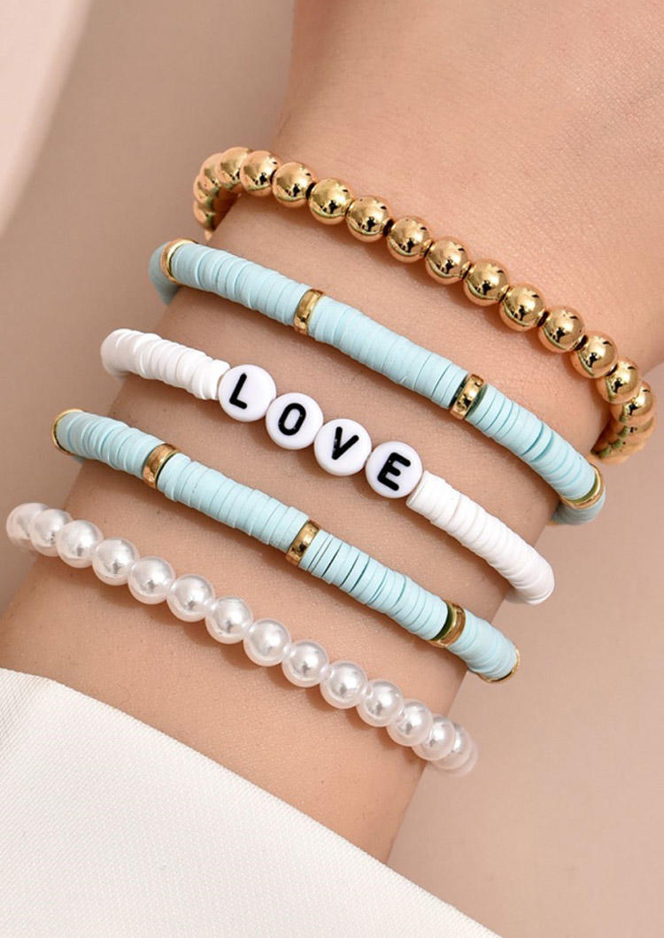 

Bracelet 5Pcs Colorful Beading Love Bracelet Set in Light Blue. Size