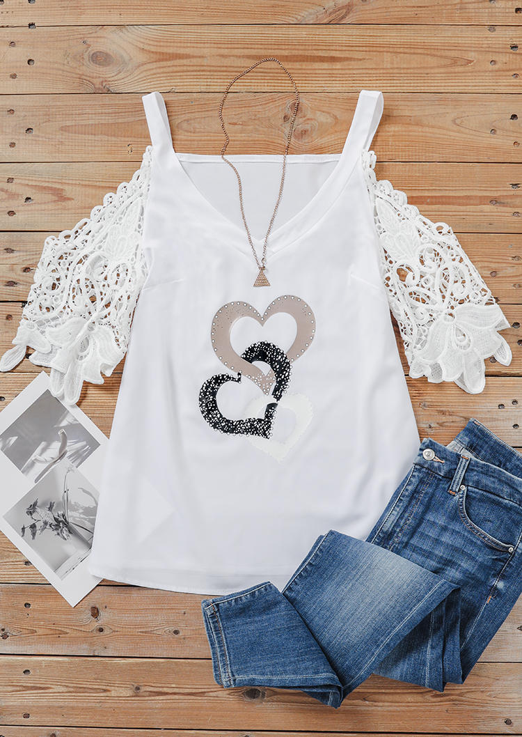 

Blouses Valentine Heart Lace Hollow Out Blouse in White. Size