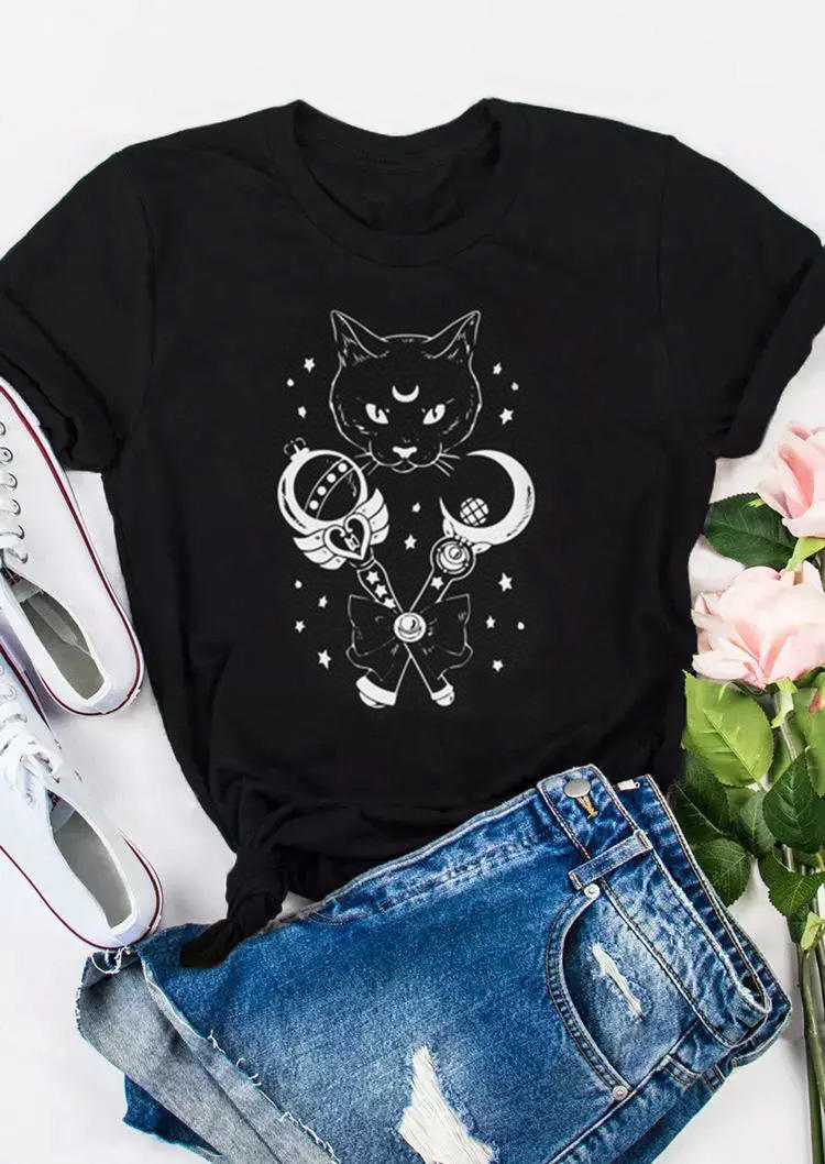 Gothic Cat Moon T-Shirt Tee - Black
