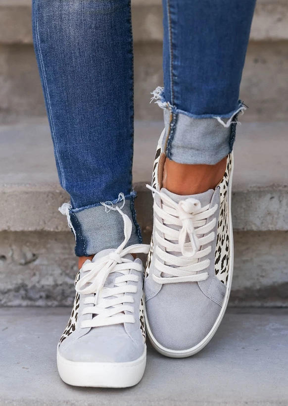 Leopard Lace Up Sneakers - Gray