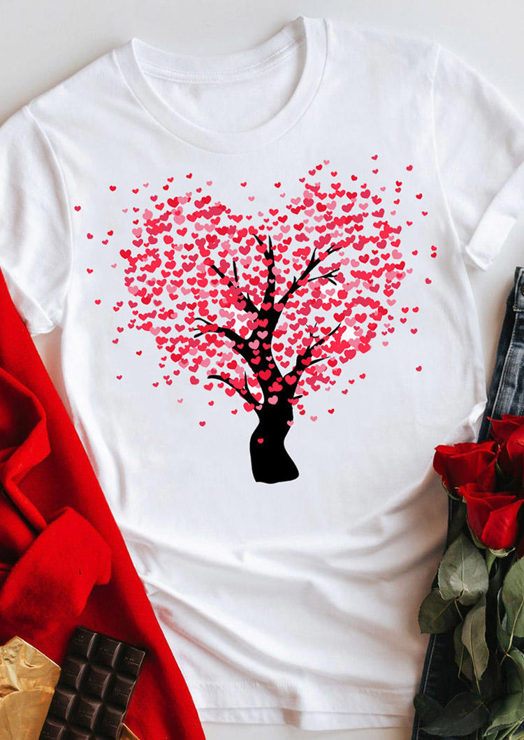 Valentine Love Tree O-Neck T-Shirt Tee - White