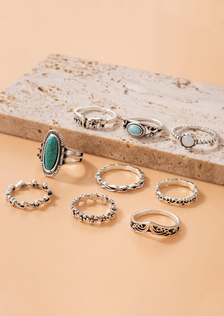 

Rings 9Pcs Turquoise Hollow Out Wave Ring Set in Multicolor. Size