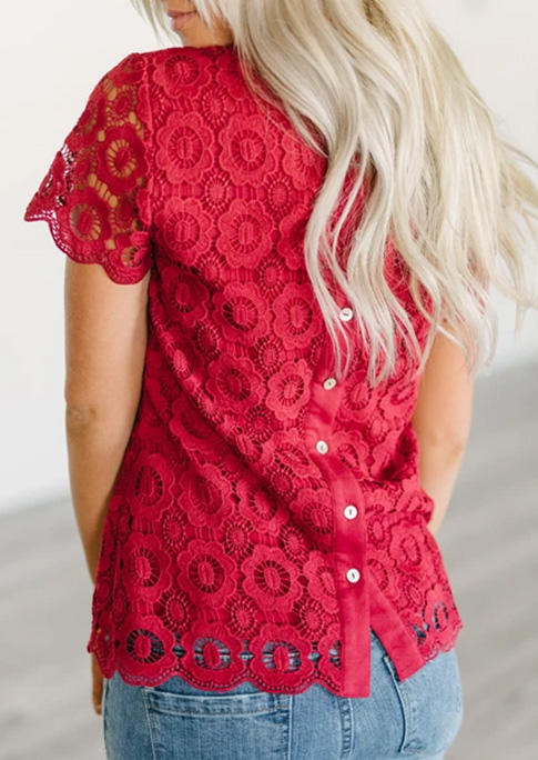 Lace Floral Button Casual Blouse - Red