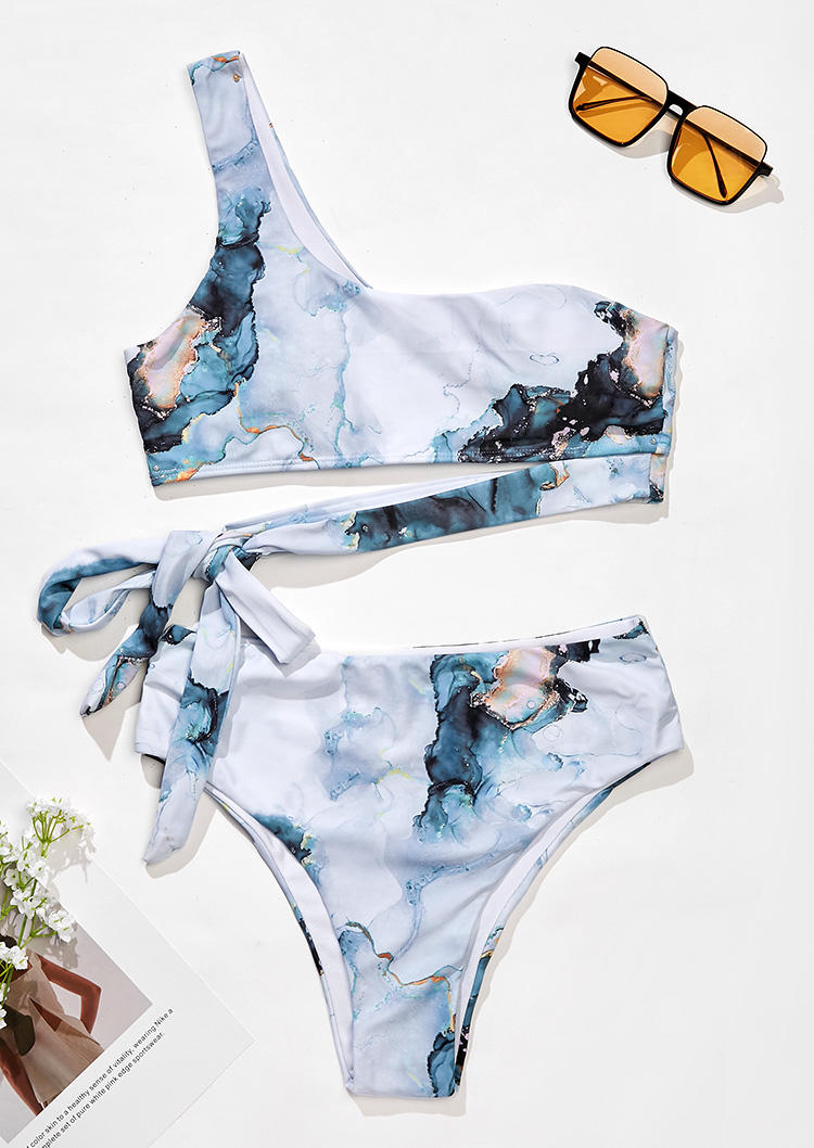 

Bikini Sets Marbling Tie One Shoulder Bikini Set in Light Blue. Size: ,L,XL