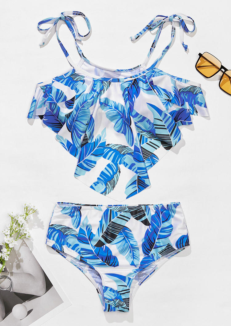 

Tankinis Palm Leaf Tie Tankini Set in Blue. Size: L,M,,XL