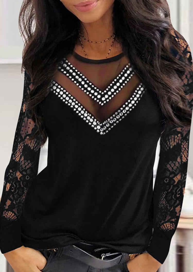 Blouses Rhinestone Lace Splicing O-Neck Blouse in Black. Size: M