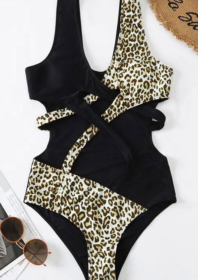 One-Pieces Swimsuit Leopard Color Block Criss-Cross One-Piece Bathing Suit Swimwear in Multicolor. Size: L,S,XL