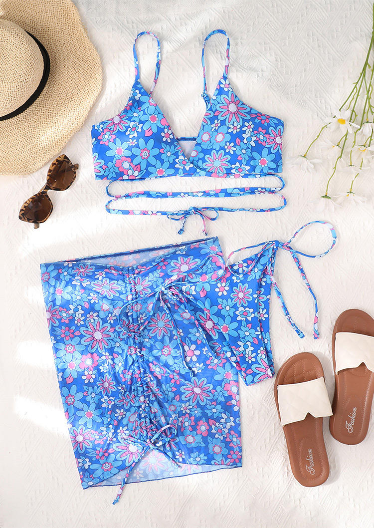 

Bikini Sets 3Pcs Floral Open Back Drawstring Bikini Set in Blue. Size