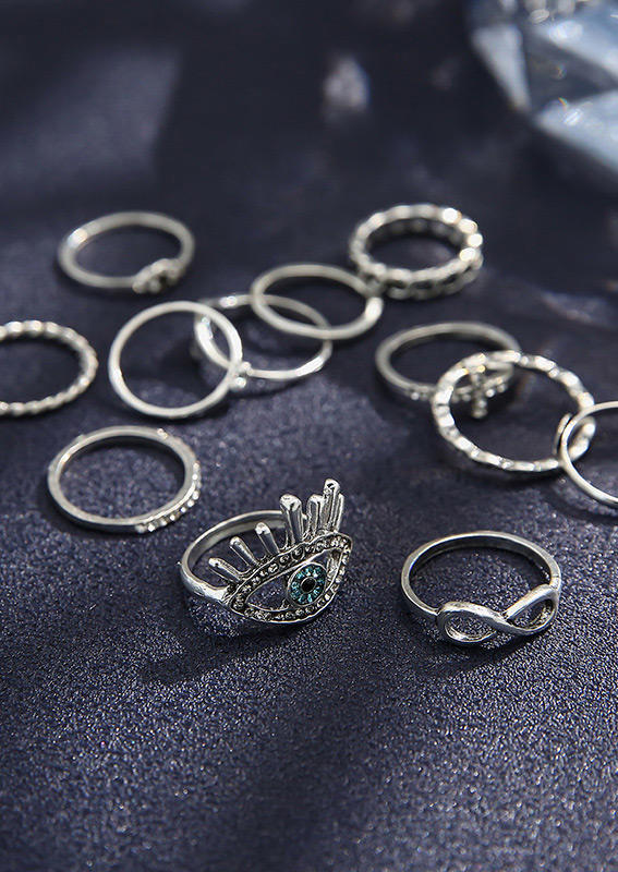 

Rings 12Pcs Eye Infinite Rhinestone Cross Ring Set in Silver. Size