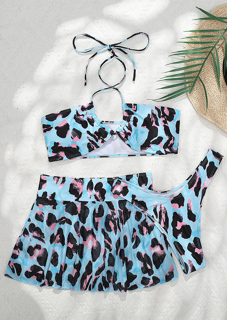 

Bikini Sets 3Pcs Leopard Criss-Cross Halter Bikini Set in Light Blue. Size: ,M,L