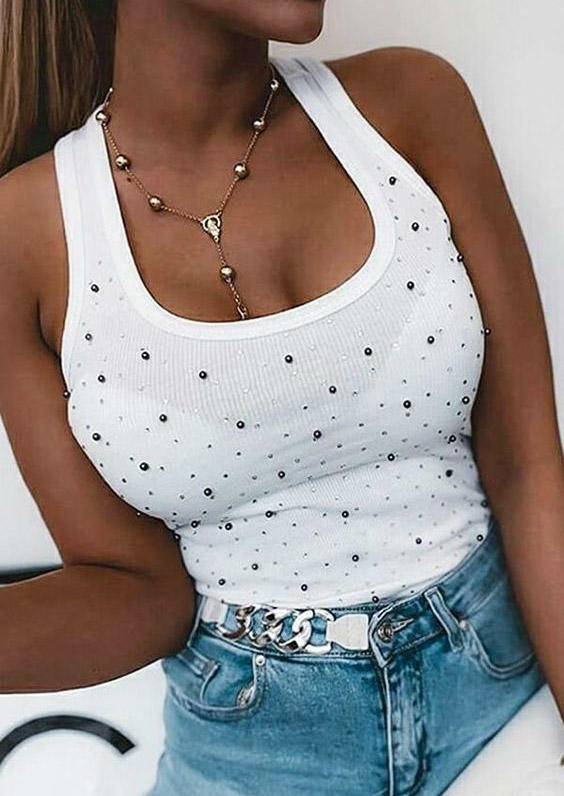 

Tank Tops Beading Sleeveless Casual Tank Top in White. Size: ,M,L,XL