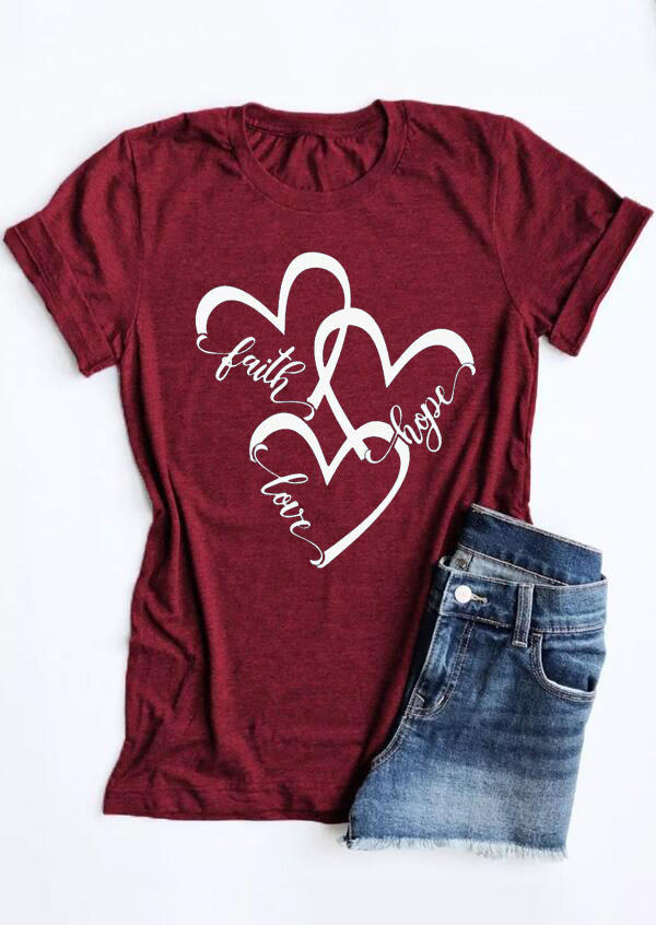 T-shirts Tees Faith Love Hope Heart T-Shirt Tee in Burgundy. Size: S