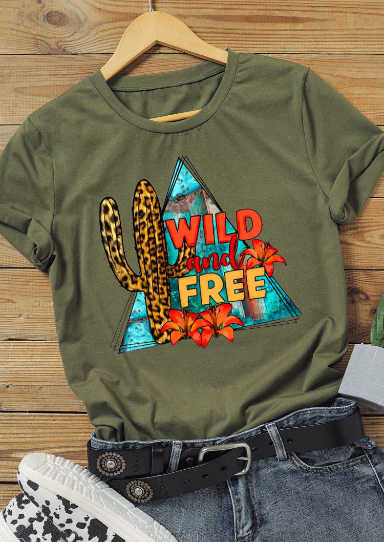 T-shirts Tees Wild And Free Leopard Cactus T-Shirt Tee - 	Army Green in Army Green. Size: S,M,L,XL