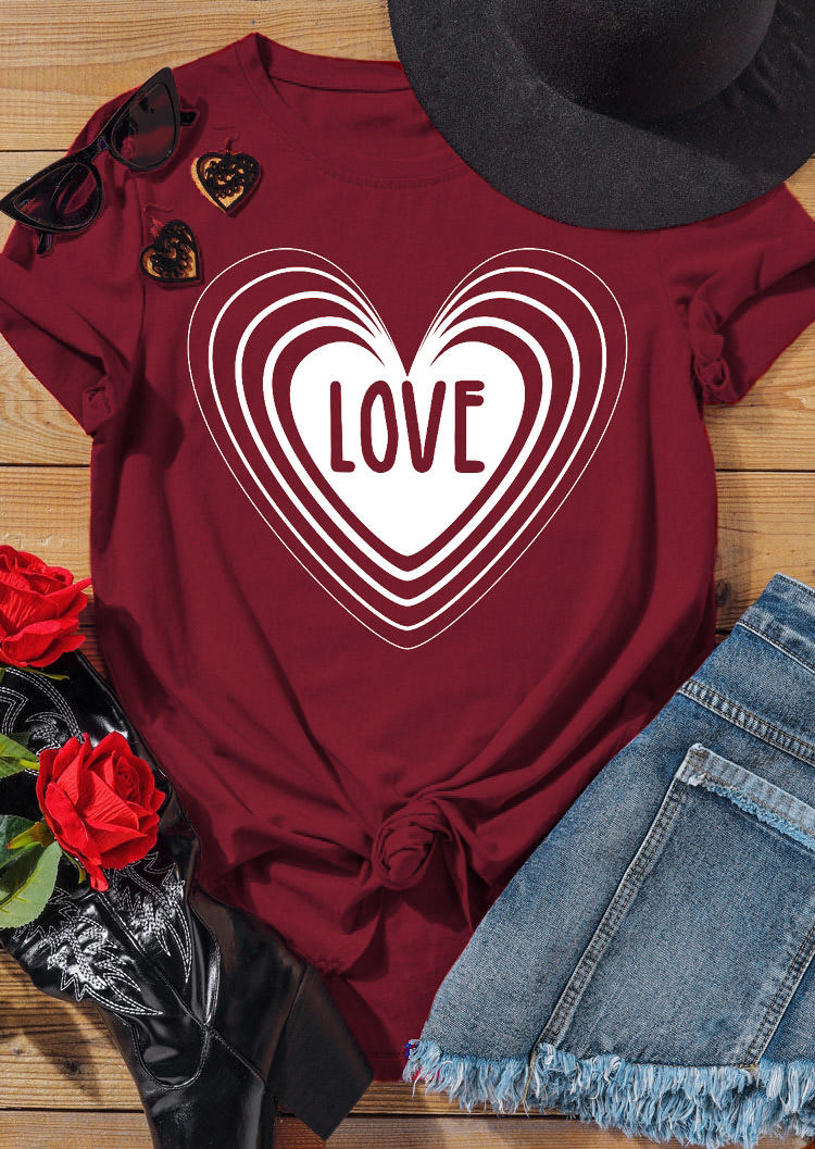 

T-shirts Tees Love Heart T-Shirt Tee in Burgundy. Size: ,XL
