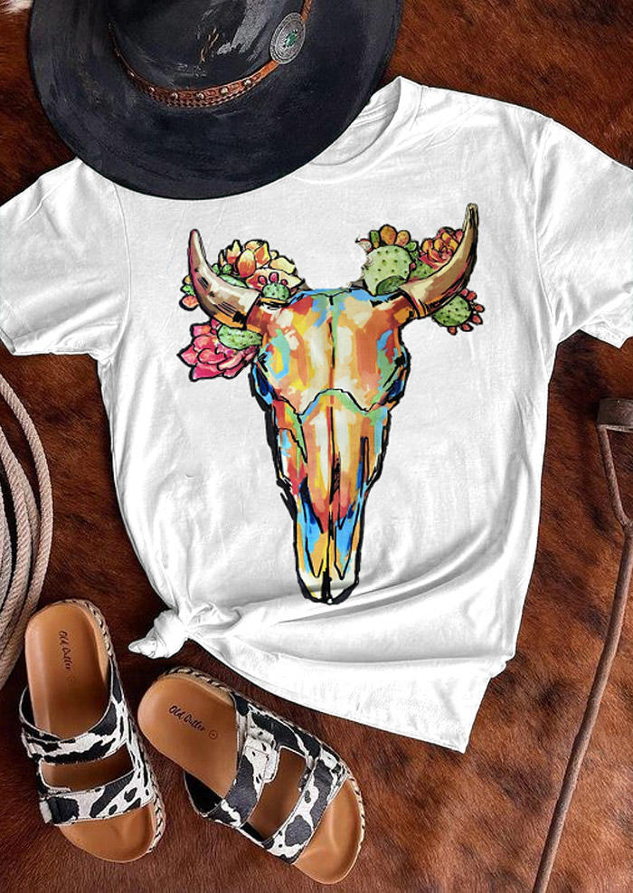 T-shirts Tees Steer Skull Cactus T-Shirt Tee in White. Size: S,M,L,XL