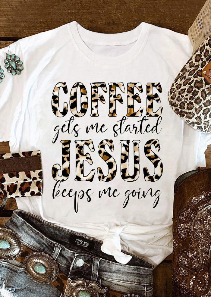 T-shirts Tees Coffee Gets Me Started Jesus Leopard T-Shirt Tee in White. Size: XL