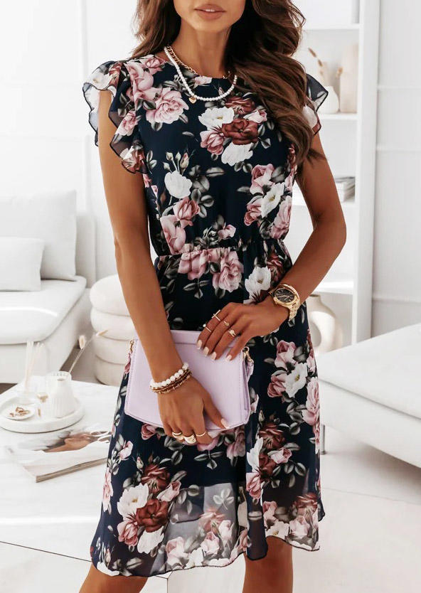 

Mini Dresses Floral Ruffled O-Neck Mini Dress in Black. Size