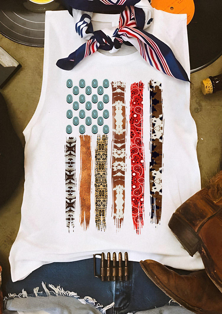 Tank Tops American Flag Cow Leopard Paisley Turquoise Tank Top in White. Size: S,M,L,XL