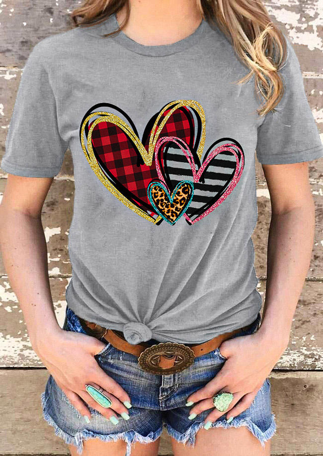 

T-shirts Tees Striped Plaid Leopard Heart T-Shirt Tee in Gray. Size: L,M,,XL