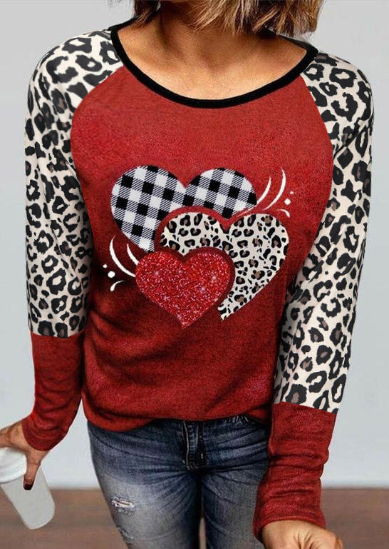 Valentine Leopard Plaid Heart Blouse - Brick Red