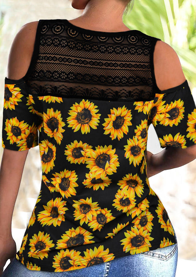 Blouses Lace Splicing Sunflower Cold Shoulder Blouse in Black. Size: S,M,L,XL