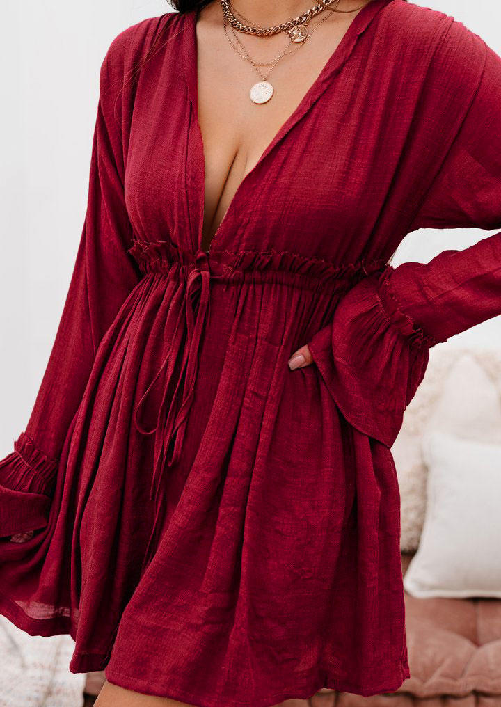 Mini Dresses Ruffled Drawstring V-Neck Mini Dress - Burgundy in Red. Size: L,M,S