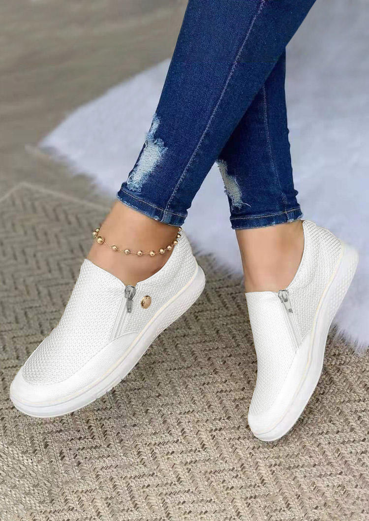 

Sneakers Zipper Round Toe Flat Sneakers in White. Size: ,38,39,40,41