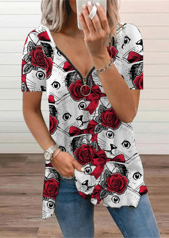 

Blouses Zipper Rose Cat Short Sleeve Blouse in Multicolor. Size: ,M,L,XL