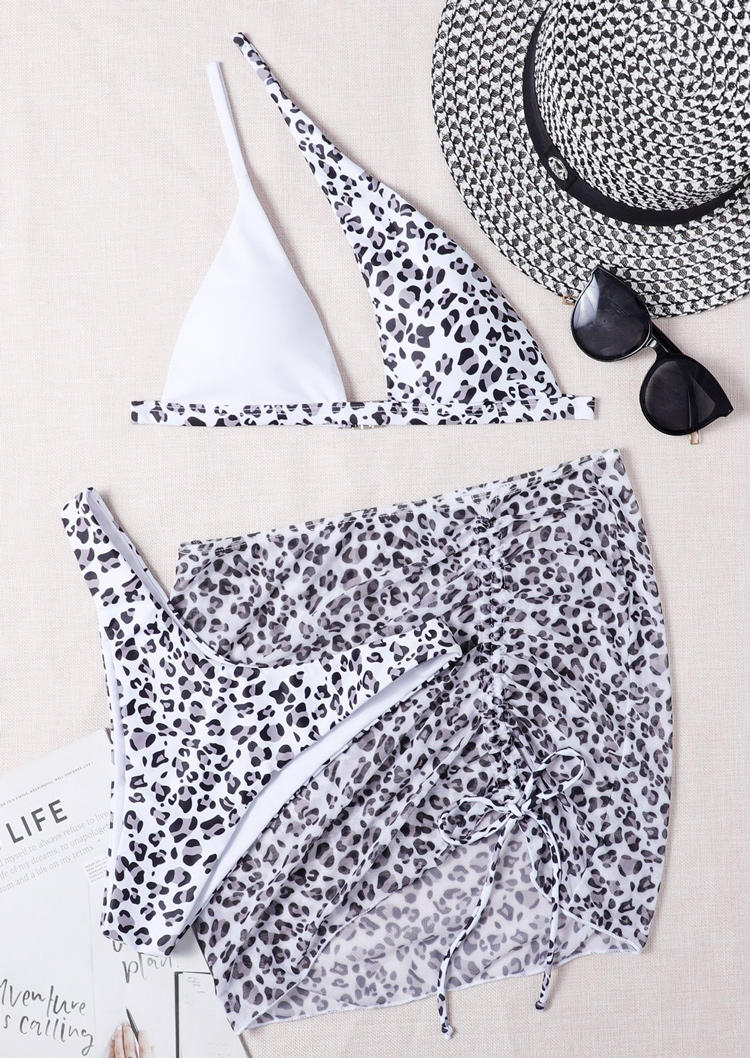 Bikini Sets 3Pcs Leopard Color Block Drawstring Bikini Set in White. Size: L,M,S