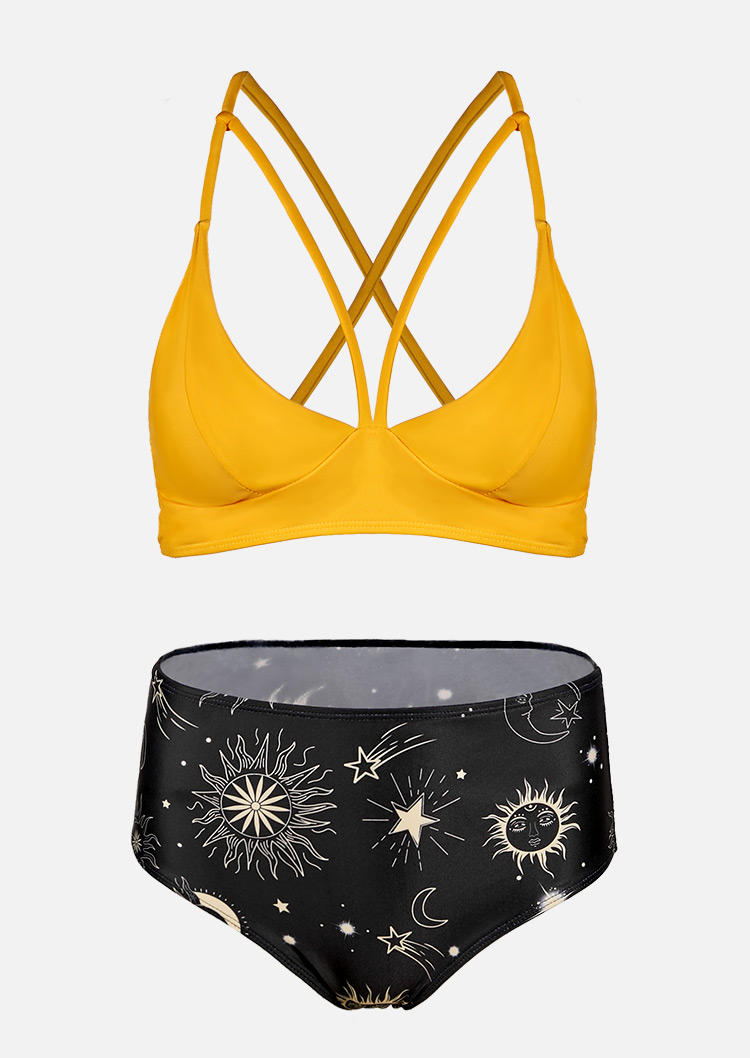 Bikini Sets Sun Moon Hollow Out Criss-Cross Bikini Set in Yellow. Size: L,M,S,XL