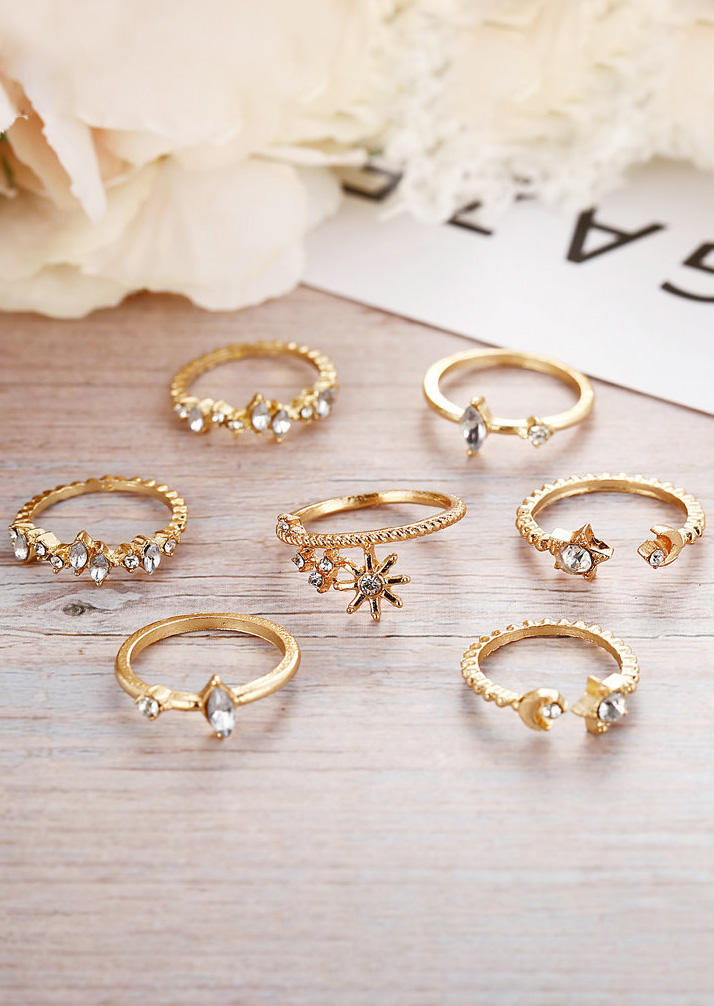 

Rings 7Pcs Sunflower Rhinestone Alloy Ring Set in Gold. Size