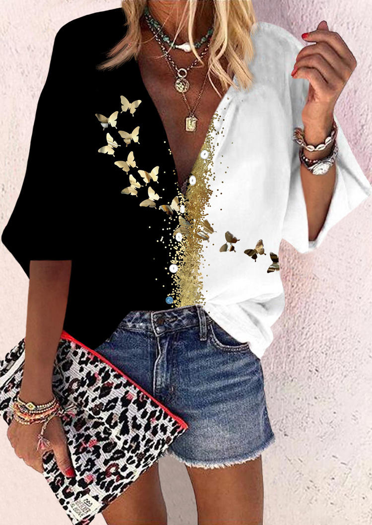 

Shirts Butterfly Button Elastic Cuff Shirt in White. Size