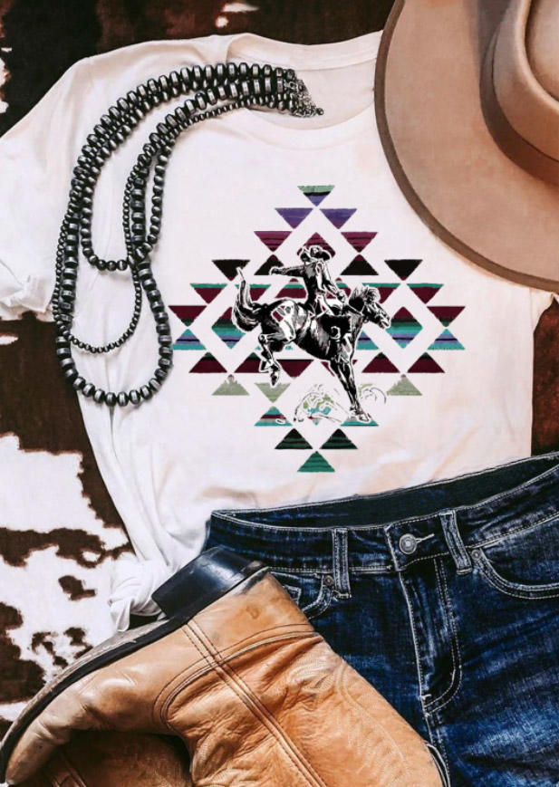 T-shirts Tees Cowboy Aztec Geometric T-Shirt Tee in White. Size: L