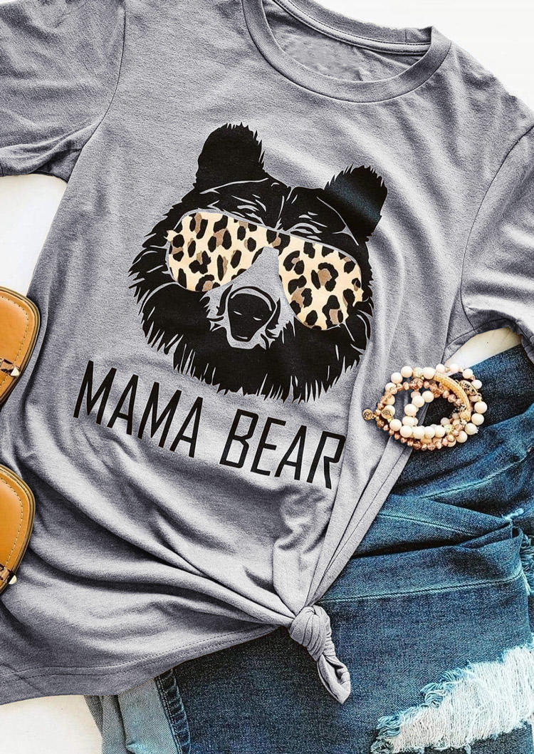 T-shirts Tees Mama Bear Leopard T-Shirt Tee in Gray. Size: S,M,L,XL