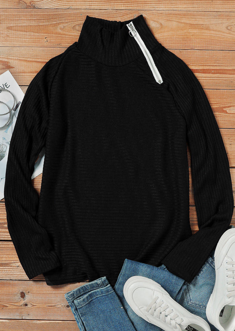 

Blouses Zipper Knitted Long Sleeve Blouse in Black. Size: ,XL