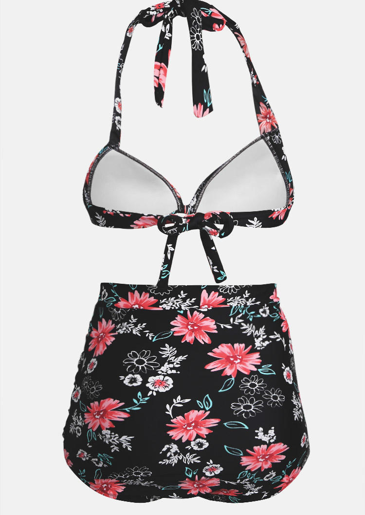 Bikini Sets Floral Halter High Waist Bikini Set in Black. Size: S