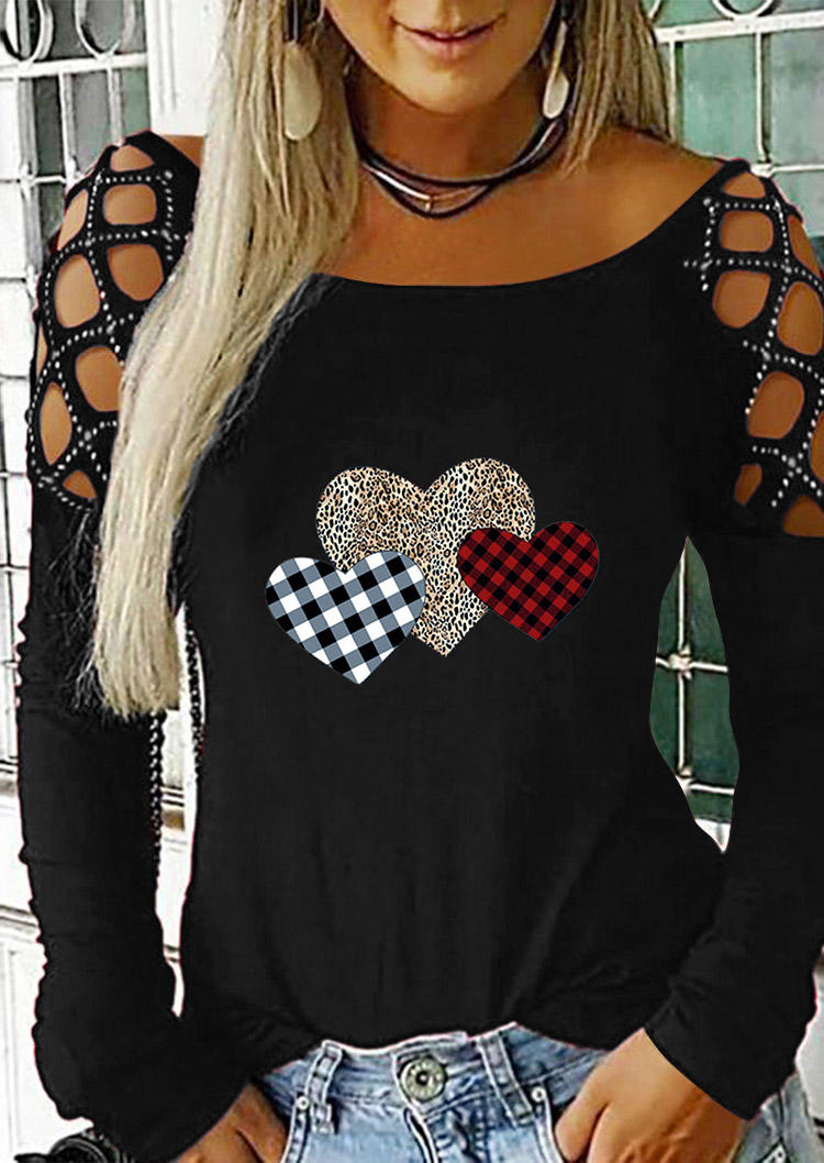 

Blouses Valentine Heart Hollow Out Rhinestone Leopard Plaid Blouse in Black. Size