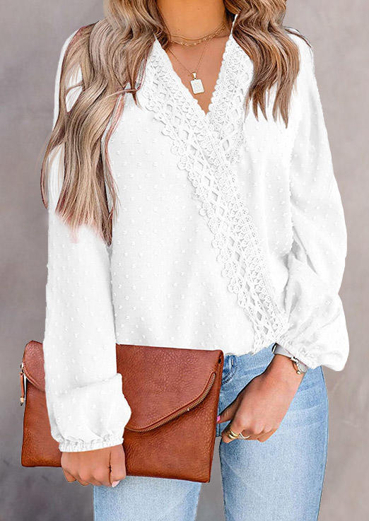 

Blouses Lace Dotted Swiss Wrap Blouse in White. Size: ,M,L,XL