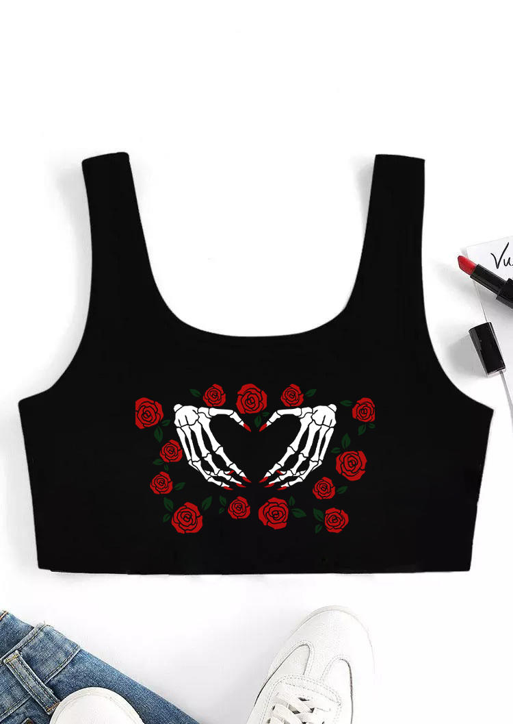 

Crop Tops Rose Skeleton Hand Crop Tank Top in Black. Size: ,M,L,XL