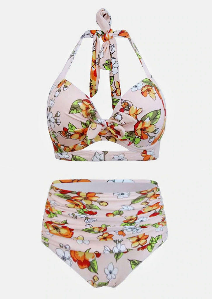 Floral Hollow Out High Waist Bikini Set - Pink