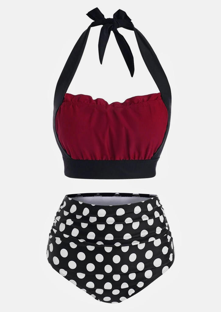 Polka Dot Halter Tie Ruched Bikini Set - Burgundy
