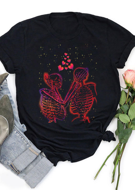 

T-shirts Tees Valentine Skeleton O-Neck T-Shirt Tee in Black. Size: ,M,L,XL