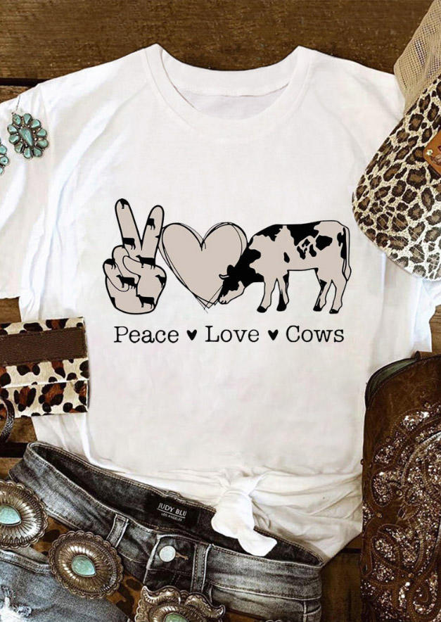 T-shirts Tees Peace Love Cows T-Shirt Tee in White. Size: S